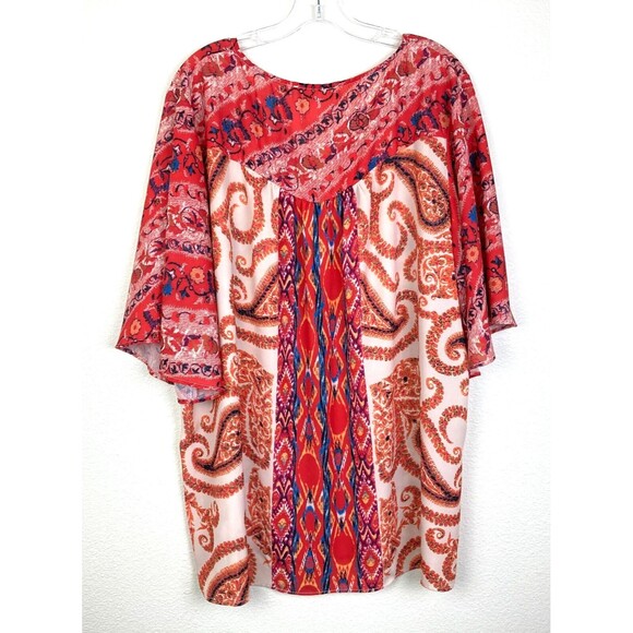 Suzanne Betro Weekend Tunic Top Size 2X Orange Blue Paisley Flutter Sleeve Artsy - Picture 5 of 5